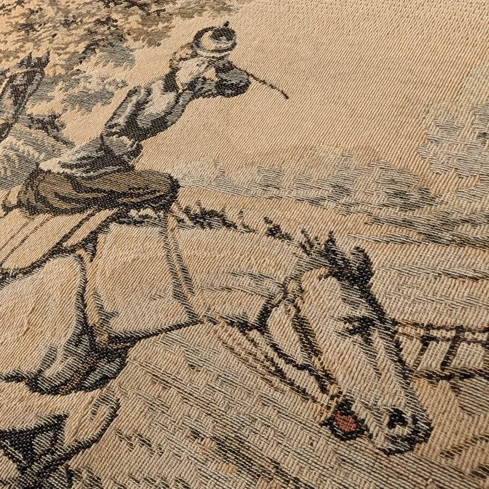 Belgian Vintage Fox Hunt Woven Tapestry Equestrian Wall Hanging 45x19